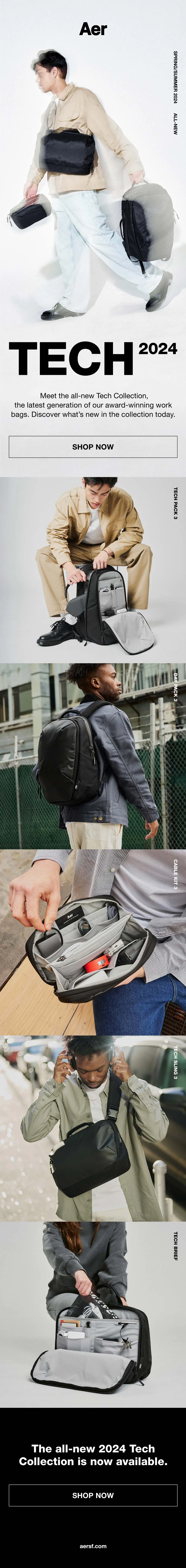 A series of images of various models wearing and featuring Aer's sleek and modern Tech Collection backpacks and bags.