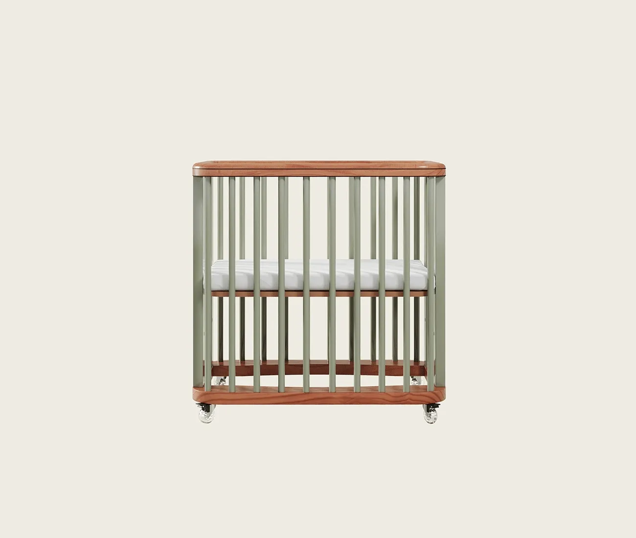 an image of a crib with a white blanket on top of it