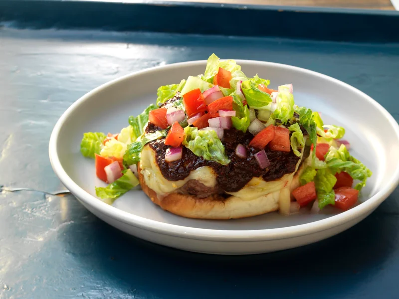 Open-Faced Chile Colorado Cheeseburgers