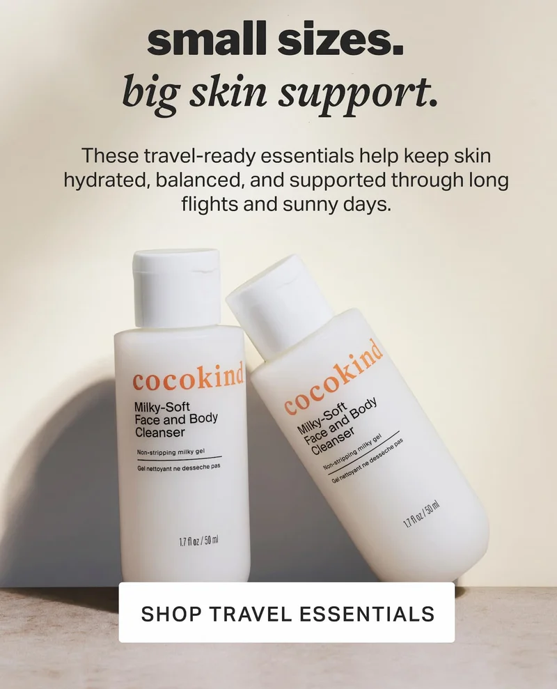 These travel-ready essentials help keep skin hydrated, balanced, and supported through long flights and sunny days.  small sizes.  big skin support.