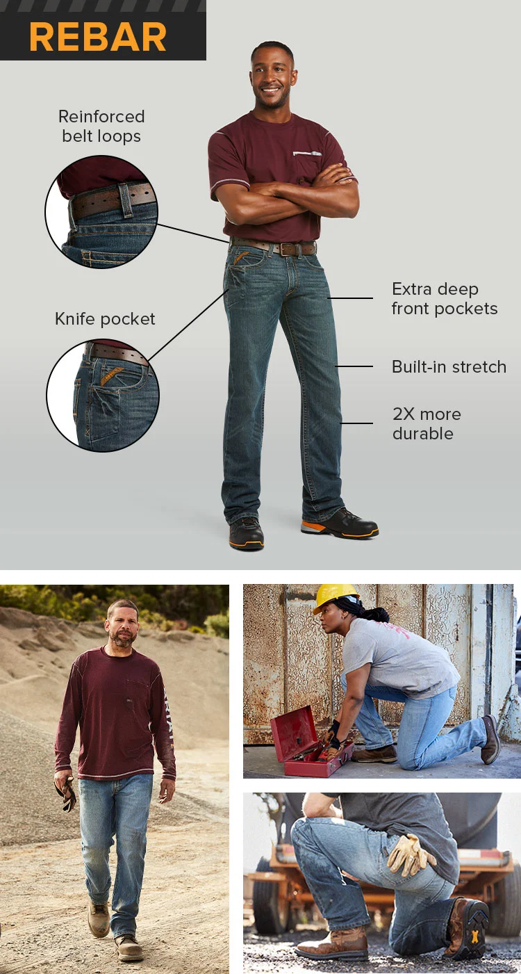 REBAR. Reinforced belt loops. Extra deep front pockets.