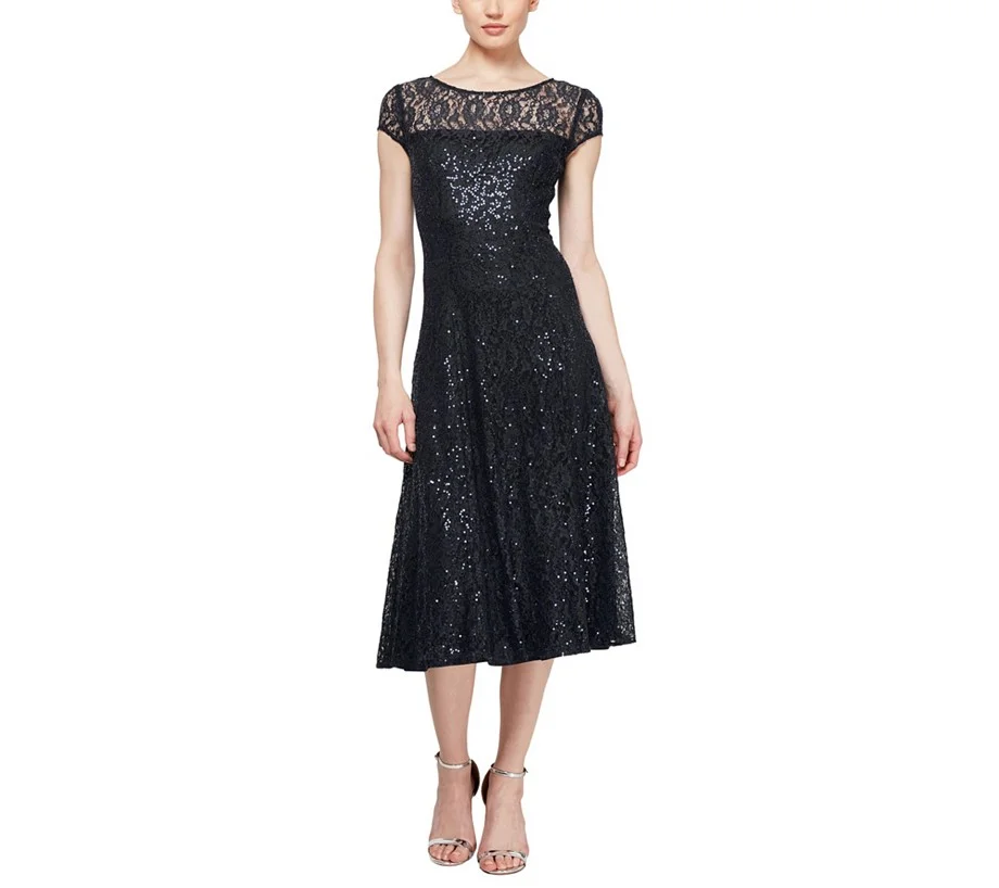 S.L. Fashions Cap Sleeve Tea Leength Lace Dress - Regular