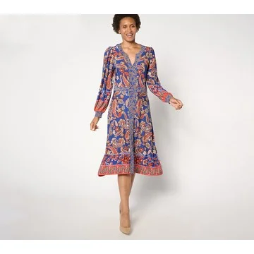 Susan Graver Regular Printed Liquid Knit Split Neck Midi Dress