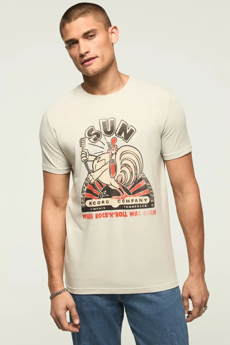 Image of Lucky Brand Sun Records Rooster Tee - Men's Clothing Tops Shirts Tee Graphic T Shirts in Pussywillow Gray