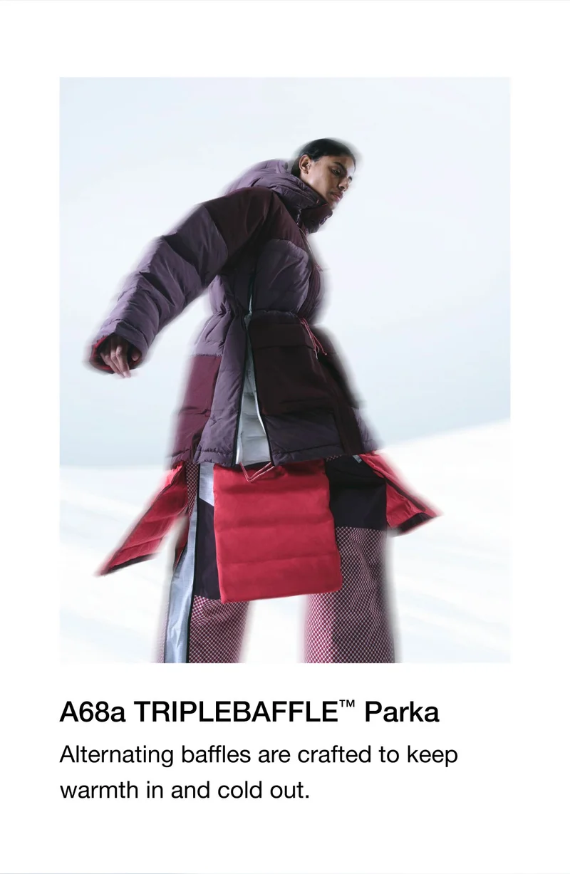 A68a TRIPLEBAFFLE Parka. Alternating baffles are crafted to keep warmth in and cold out.