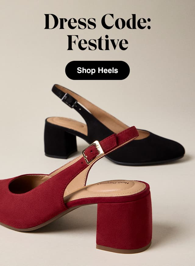 A beige background with the Movena Slingback Pump in Red suede and Black suede. The email says Dress Code: Festive. Shop Heels