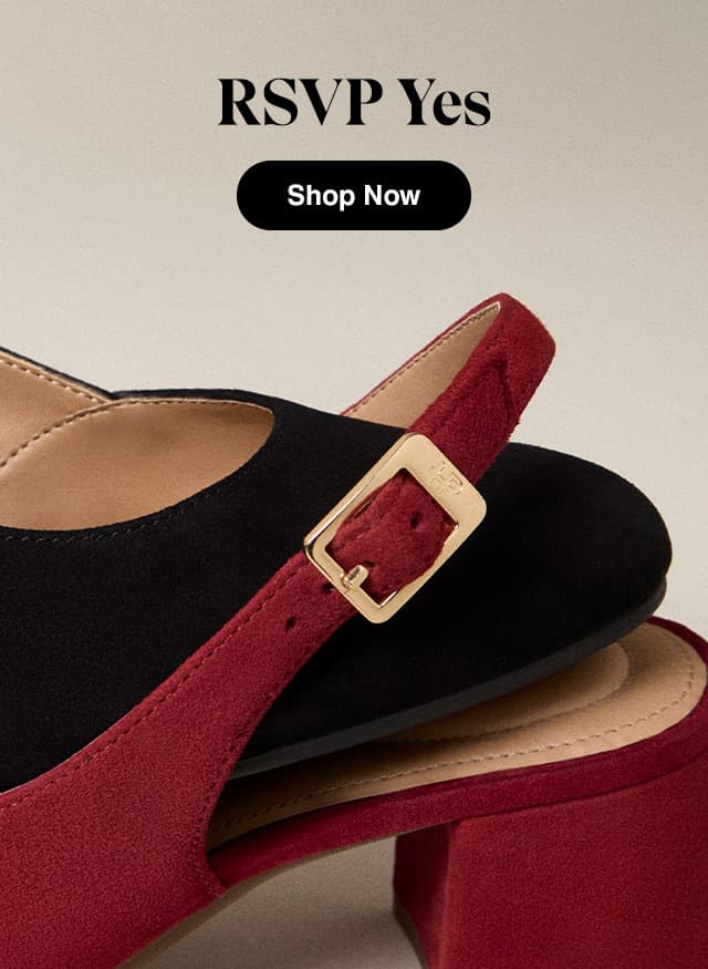 The red slingback strap of the Movena buckled over the round toe of the Movena in black. The text says RSVP Yes. Shop Now