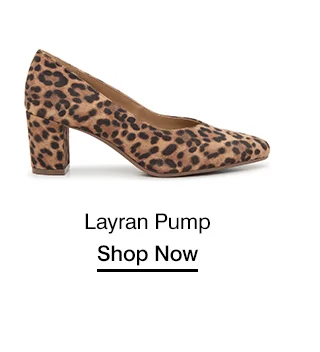 A side view of the Layran pump in Taupe leopard-print suede. Shop Now