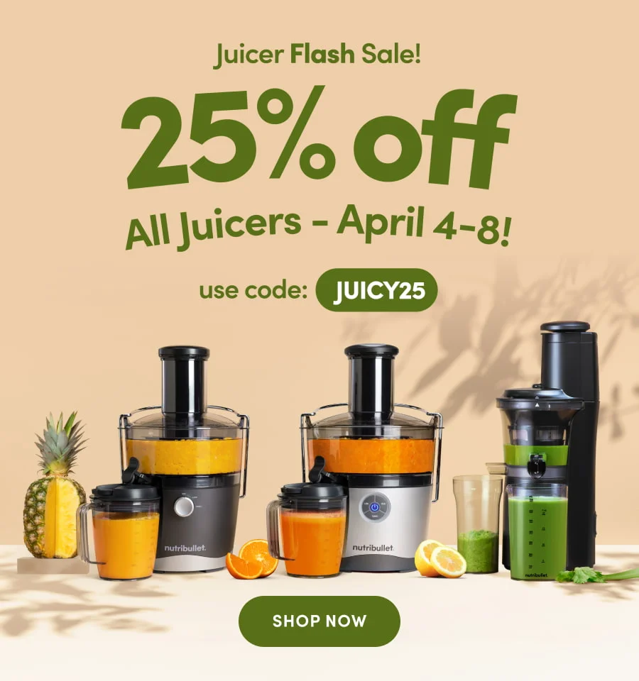 Three nutribullet juicers stand side by side. Left: orange juice with fruit. Center: mixed juice with an orange slice. Right: green juice with veggies.