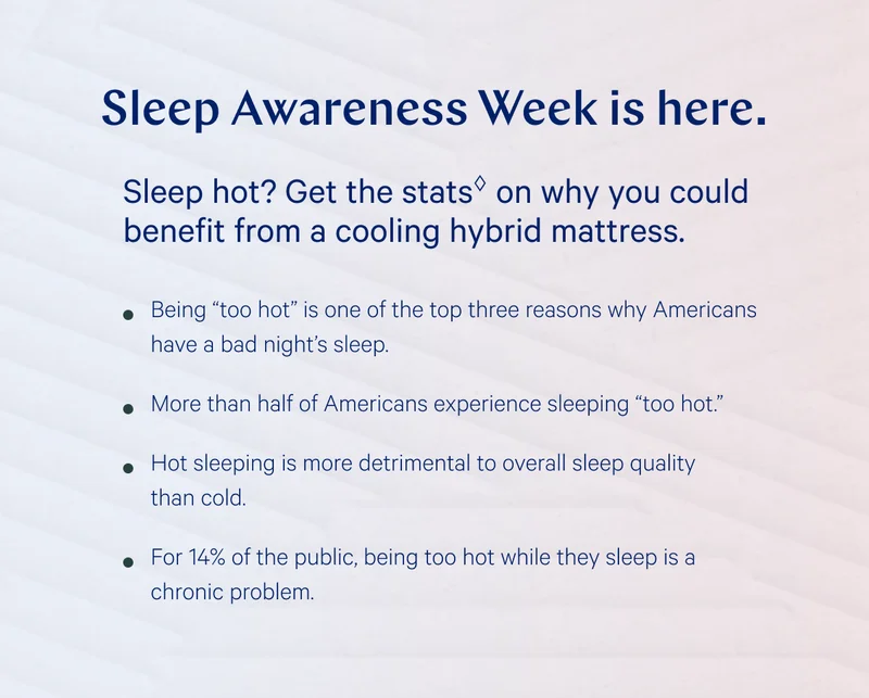Sleep Awareness Week is here. >> Sleep hot? Get the stats on why you could benefit from a cooling hybrid mattress. >>