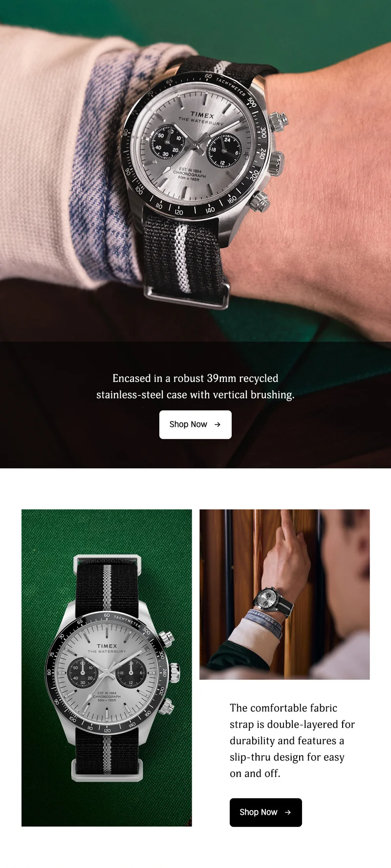 Encased in a robust 39mm recycled stainless steel case with vertical brushing. | Shop Now | The comfortable fabric strap is double-layered for durability and features a slip-thru design for easy on and off. | Shop Now