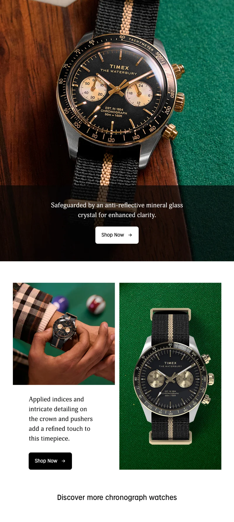 Safeguarded by an anti-reflective mineral glass crystal for enhanced clarify. | Shop Now | Applied indices and intricate detailing on the crown and pushers add a refined touch to this timepiece. | Shop Now