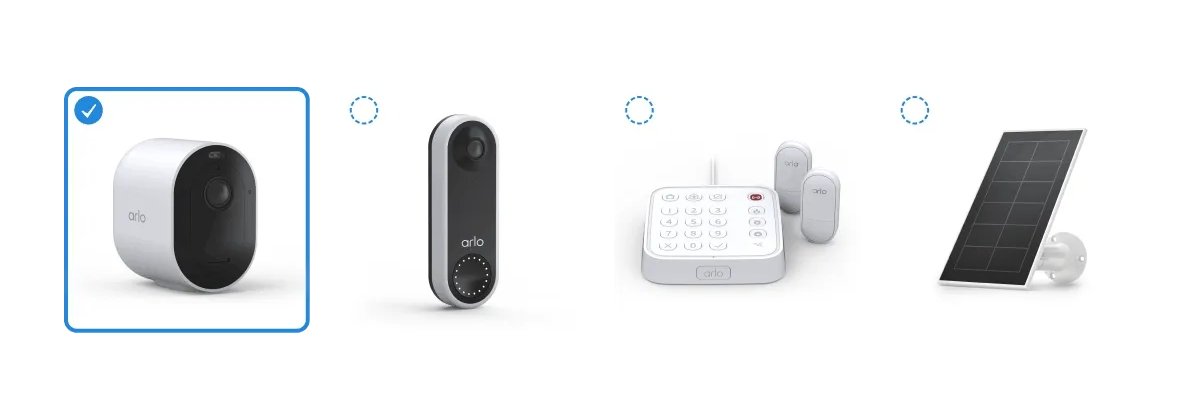 Various Arlo home security products being selected, simulating a person's experience of building their own bundle.