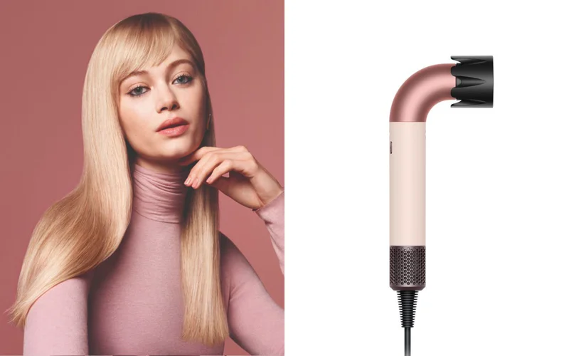 The Dyson Supersonic r hair dryer with the Powerful air attachment next to a blonde model with straight hair