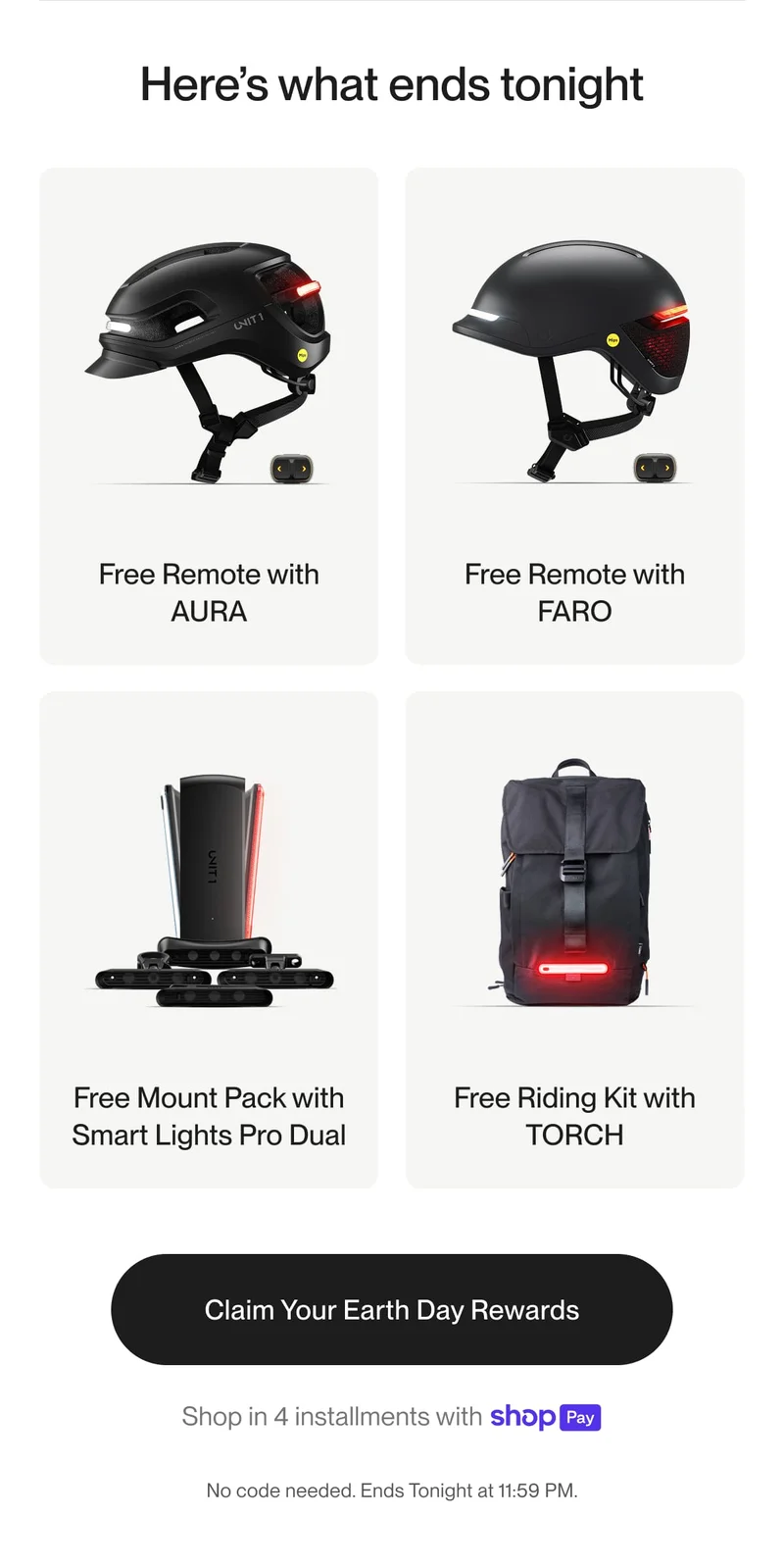 Grid showcasing Earth Day rewards: Free Remote with AURA or FARO, Mount Pack with Smart Lights Pro Dual, and Riding Kit with TORCH.