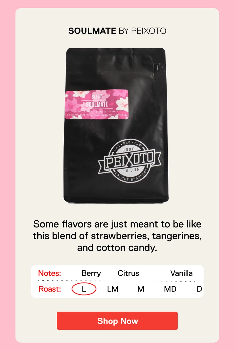 Soulmate by Peixoto. We taste strawberries, tangerines, and even cotton candy in this absolutely delightful coffee. Shop Now.