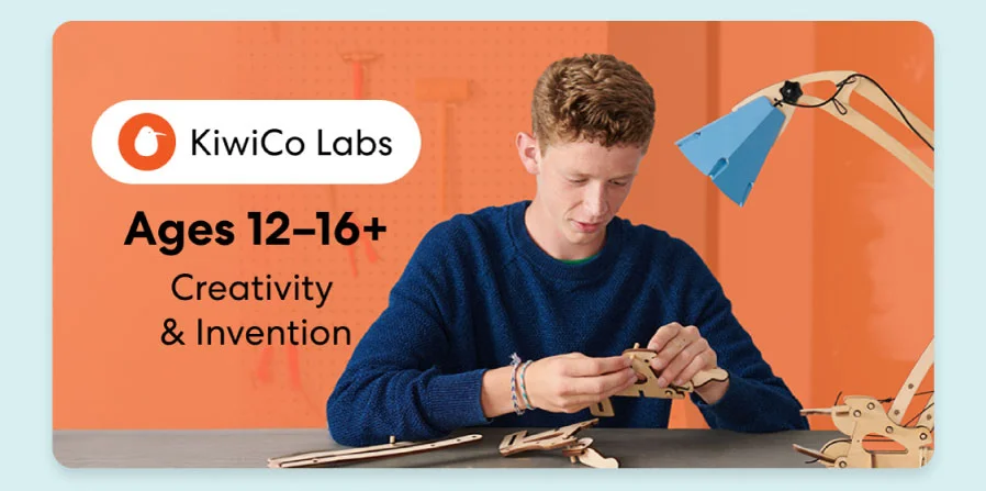 Teen creating an advanced KiwiCo project. Ideal for ages 12–16+ to spark creativity and innovation.
