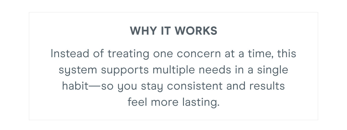 Why It Works: Instead of treating one concern at a time, this system supports multiple needs in a single habit—so you stay consistent and results feel more lasting.