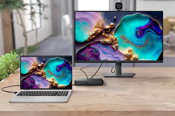 A Dell laptop computer, monitor and webcam connected by a dock.