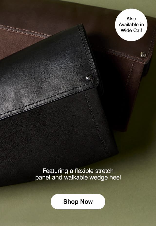 A close up of the Madi Boot's leather shaft adorned with a logo stud and full-length stretch-back panels. The email says Featuring a flexible stretch panel and walkable wedge heel