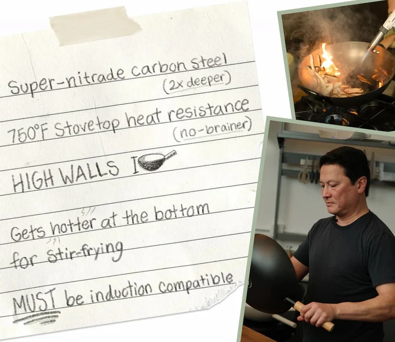 Super-nitrided carbon steel (2x deeper) | 750ºF stovetop heat resistance (no brainer) | High Walls | Gets hotter at the bottom for stir-frying | Must be induction compatible