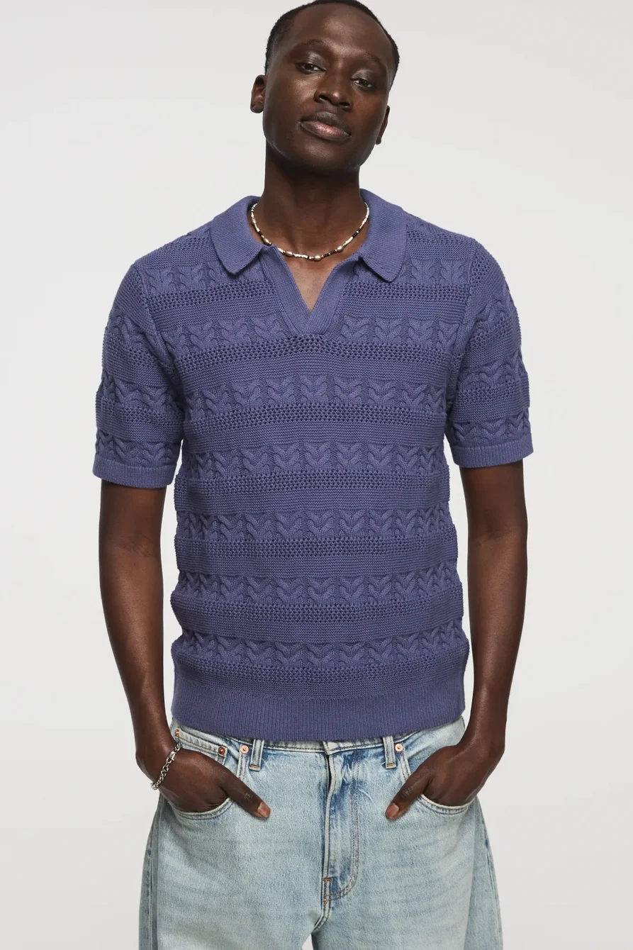 Image of Lucky Brand All Over Texture Johnny Collar Sweater -Men's Clothing Tops Sweaters in Blue Indigo