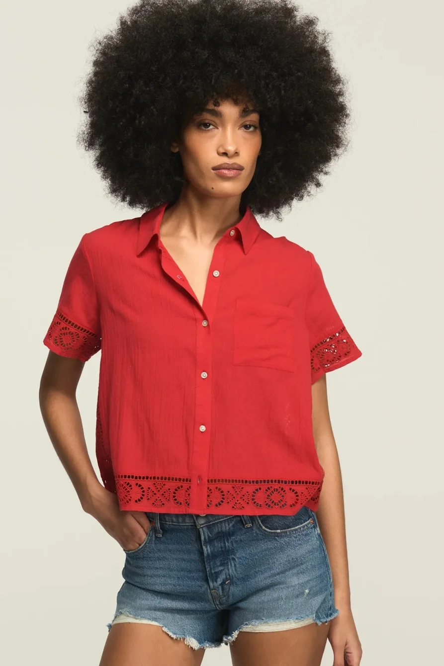 Image of Lucky Brand Cutwork Camp Shirt - Women's Clothing Button Down Tops Shirts in 636 Red
