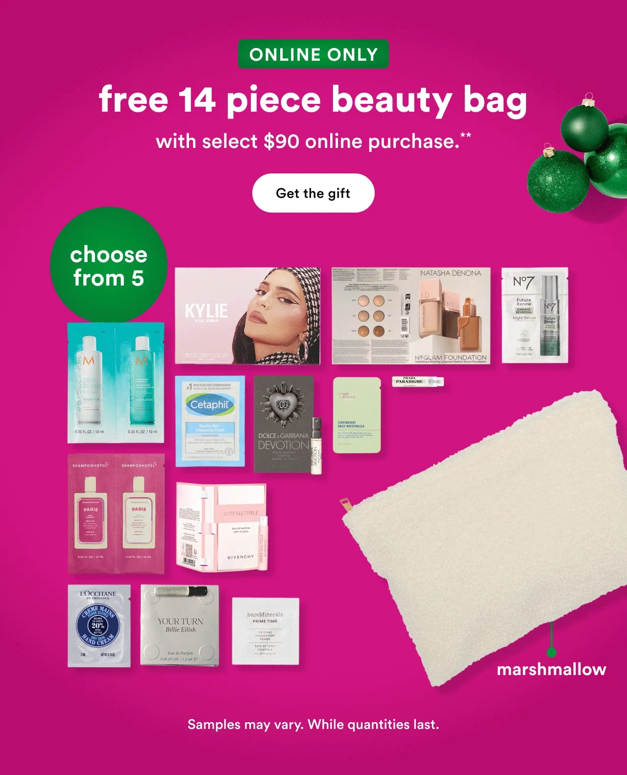 Free 14 piece beauty bag with $90 purchase! choose from 5!