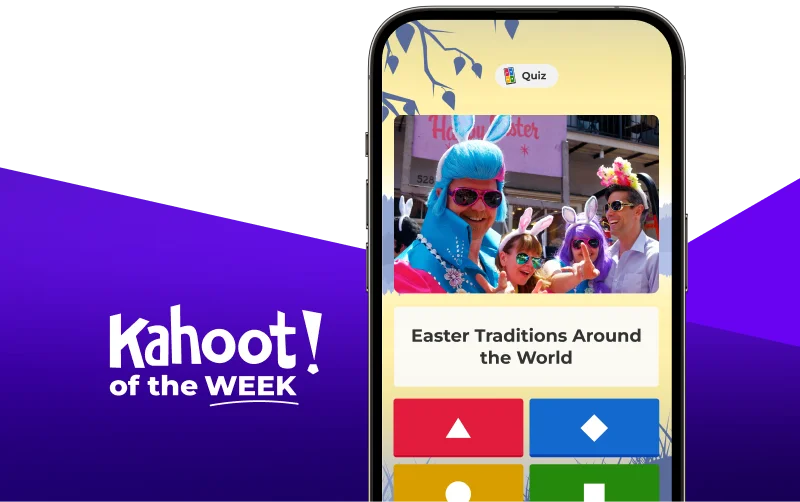 Smartphone displaying a kahoot entitled ''Easter Traditions Around the World''