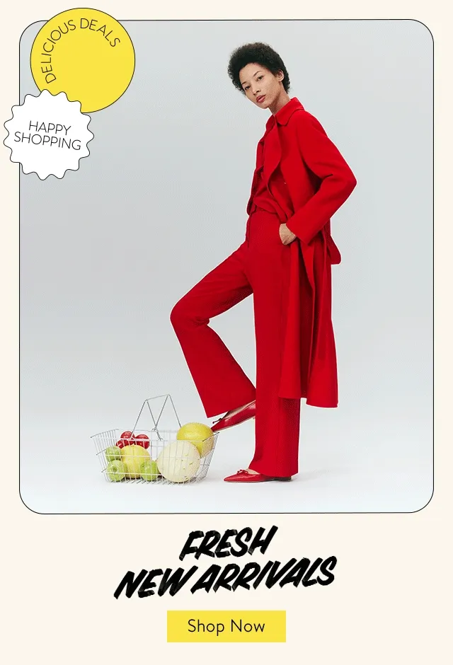 A woman wearing a head-to-toe red outfit. A man wearing a blue hoodie with cargo pants and sneakers. A man wearing a grey hoodie with jeans and sneakers. A MAC lipstick.