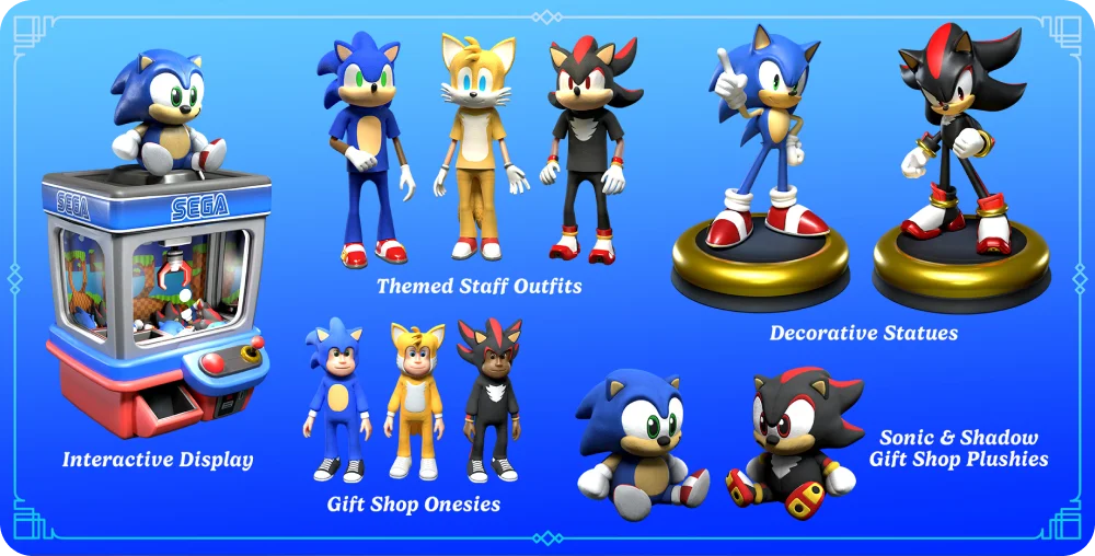 Interactive Display | Themed Staff Outfits | Gift Shop Onesies | Decorative Statues | Sonic & Shadow Gift Shop Plushies | Pre-order now