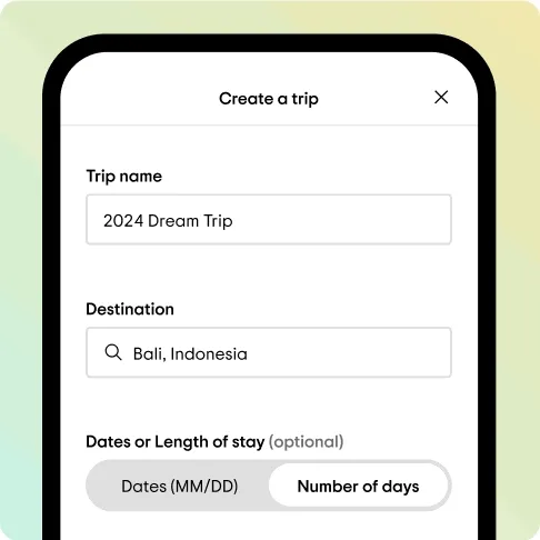 Image Description: A phone with “Create a trip” on the screen. The phone includes fields to fill out “Trip name,” “Destination” and “Dates of stay.” The image is a gif that changes to a phone screen that says “2024 Dream Trip” with a picture of a jungle at the top and an itinerary below.