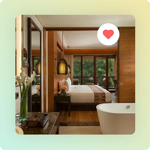 Image Description: A luxurious hotel room in the jungle. A red heart is on the upper right corner of the image.