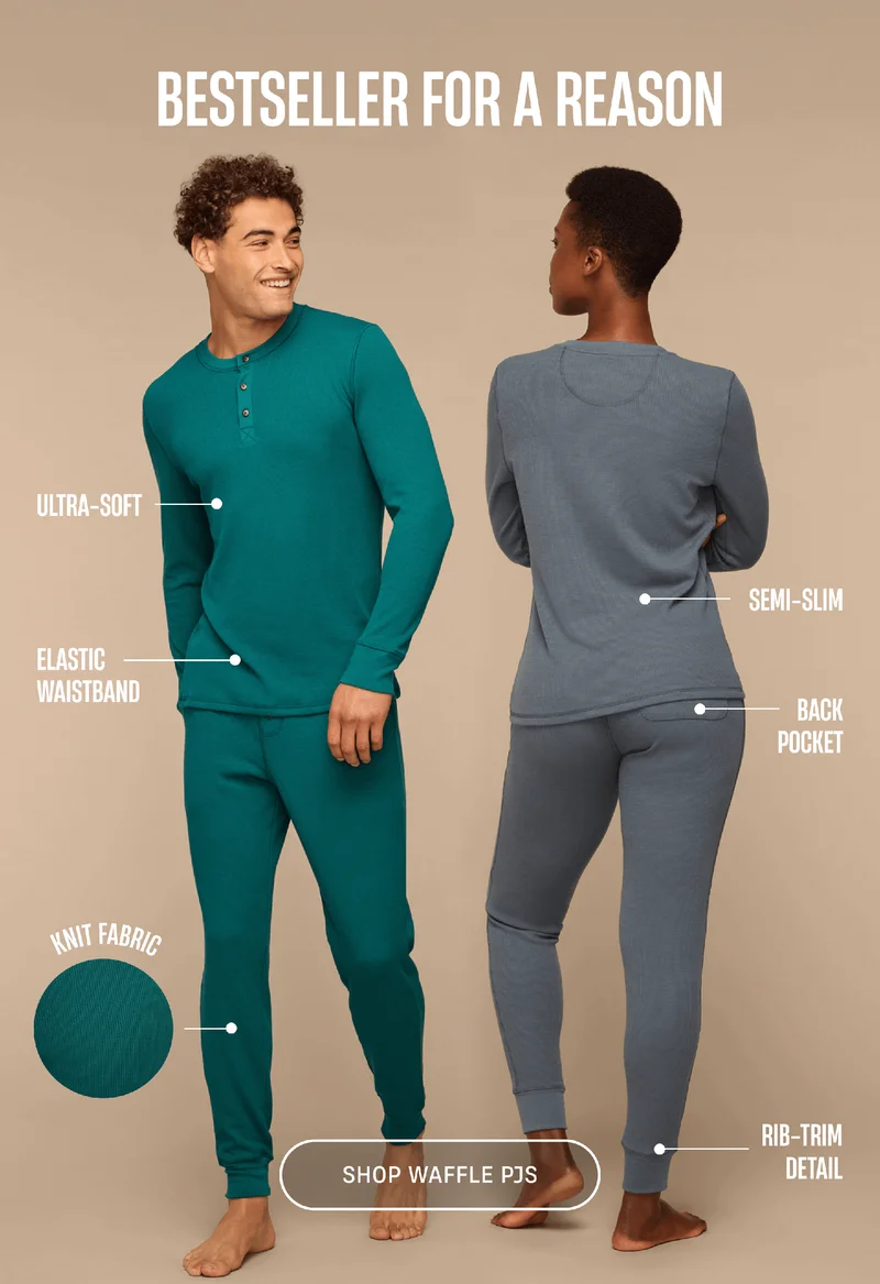 Bestseller for a reason | Ultra-soft, Elastic Waistband, Semi-Slim, Back Pocket, Knit Fabric, Rib-Trim Detail | Shop Waffle PJs