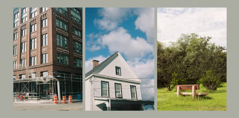 Images of a downtown building, a farm style house, and a park bench