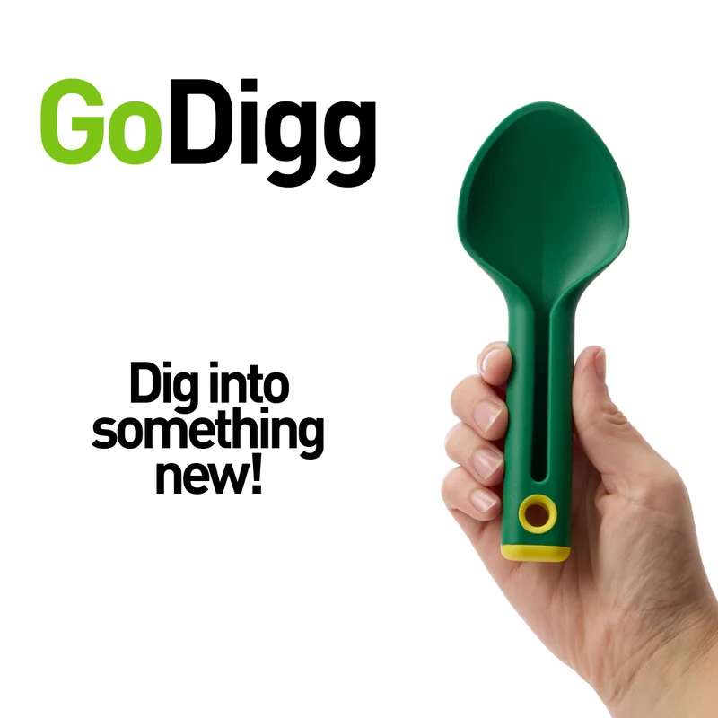 "GoDigg. Dig into something new!" Handing holding small green shovel.