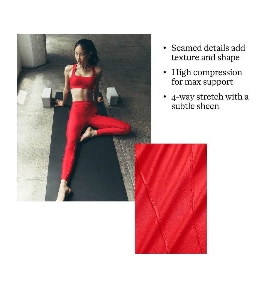 Seamed details add texture and shape. High compression for max support. 4-way stretch with a subtle sheen