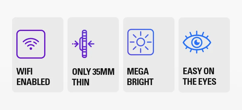 Wi-Fi enabled , only 35mm thin,  mega bright, and easy on the eyes.