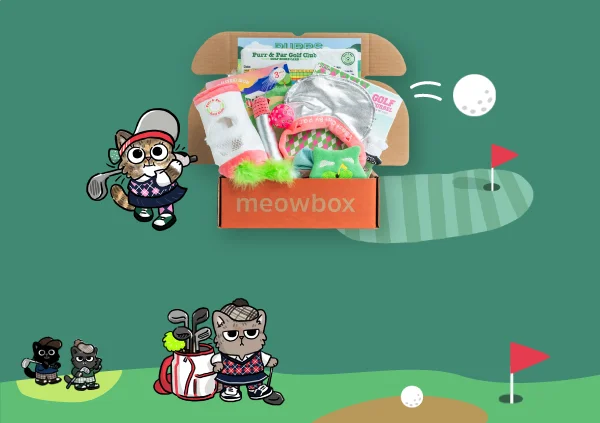 Image of the Purrs & Putts meowbox with illustrated cats golfing around it