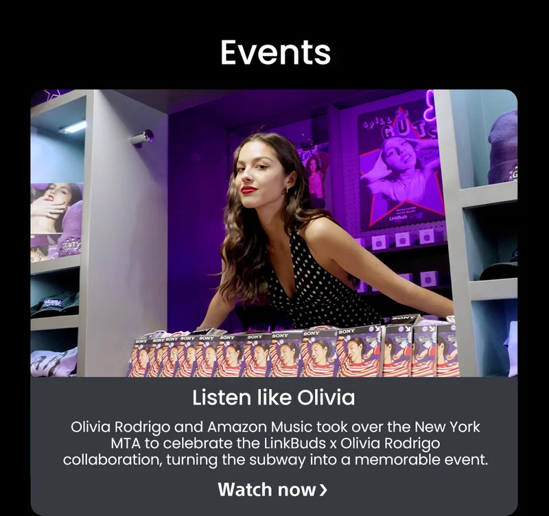 Events | Listen like Olivia | Olivia Rodrigo and Amazon Music took over the New York MTA to celebrate the LinkBuds x Olivia Rodrigo collaboration, turning the subway into a memorable event. | Watch now