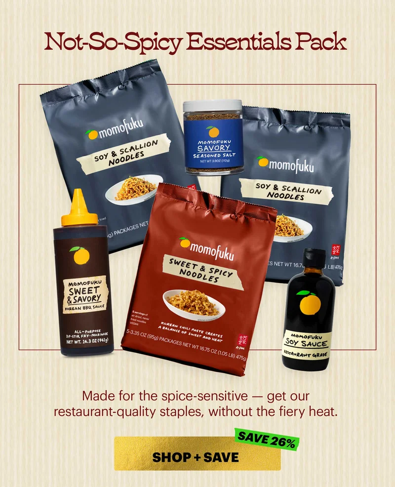 Header: Not-So-Spicy Essentials Pack  Sub-header: Made for the spice-sensitive — get our restaurant-quality staples, without the fiery heat.  CTA: SHOP + SAVE  SAVE 26%