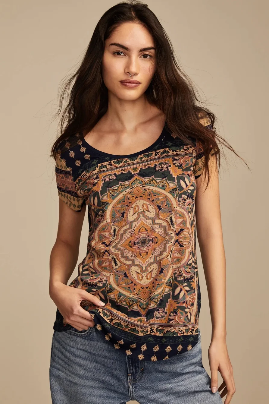 Image of Lucky Brand Persian Carpet Tee - Women's Clothing Tops Shirts Tee Graphic T Shirts in Navy Multi