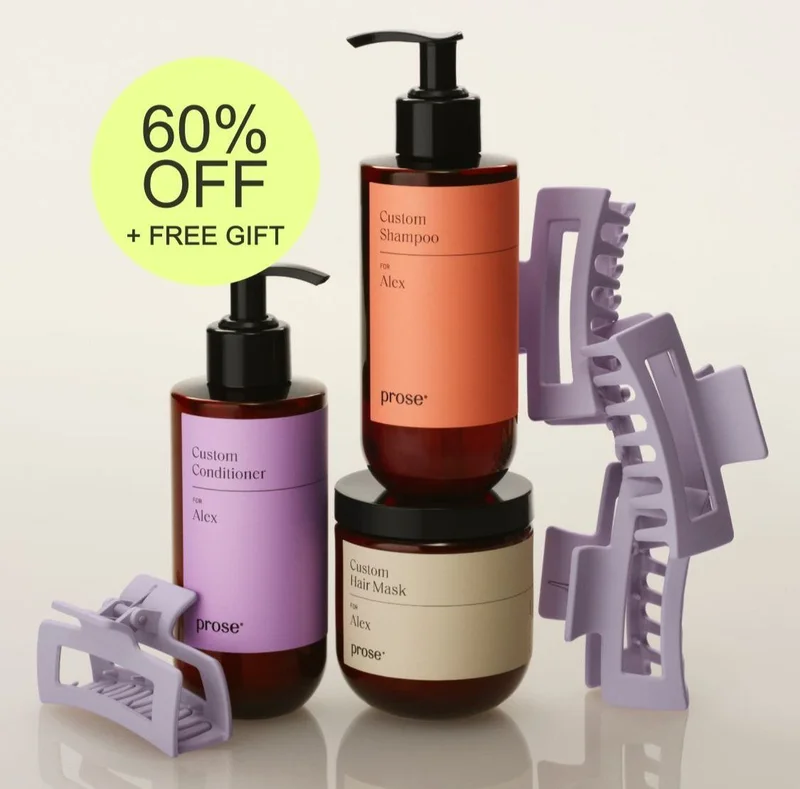 Three Prose haircare bottles with FREE purple claw clip