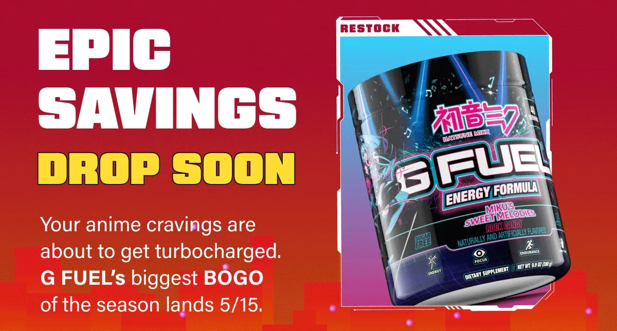 Your anime cravings are about to get turbocharged. G FUEL’s biggest BOGO of the season lands 5/15.