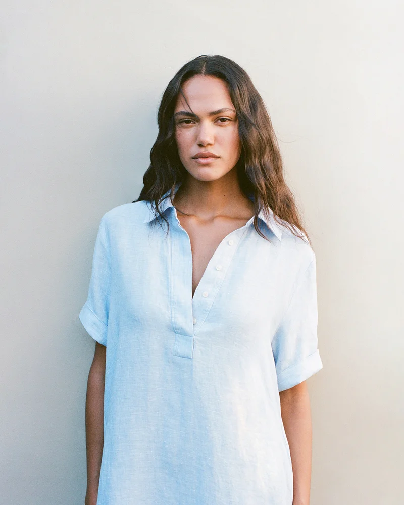 Editorial Image | Mini Popover Shirtdress in Linen | Light Blue