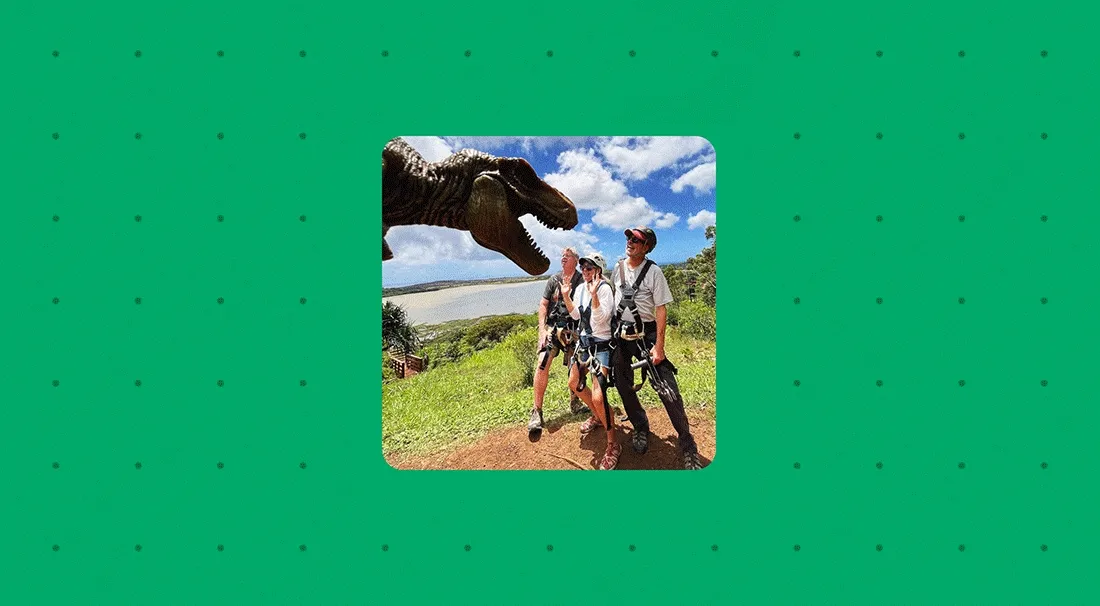 Image Description: Three people looking at a dinosaur. An illustration of a mountain badge appears followed by various images of people in places around the world overlapping with various illustrated badges.