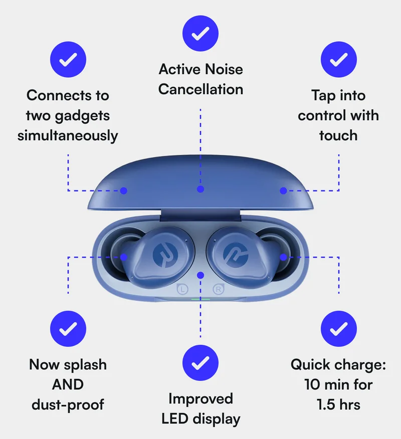 ✔️ Active Noise Cancellation ✔️ Connects to two gadgets simultaneously ✔️ Quick charge: 10 min for 1.5 hrs ✔️ Improved LED display ✔️ Now splash AND dust-proof ✔️ Tap into control with touch