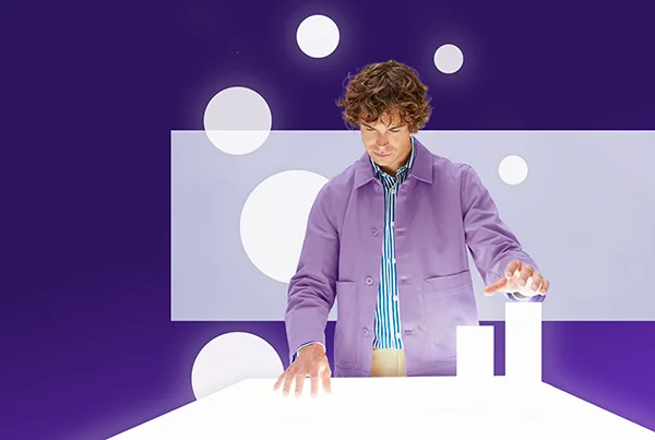 Men wearing a purple suite playing with devices with purple background with circles