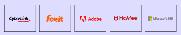 Banner with CyberLink, Foxit, Adobe, McAfee and Microsoft 365 logo.