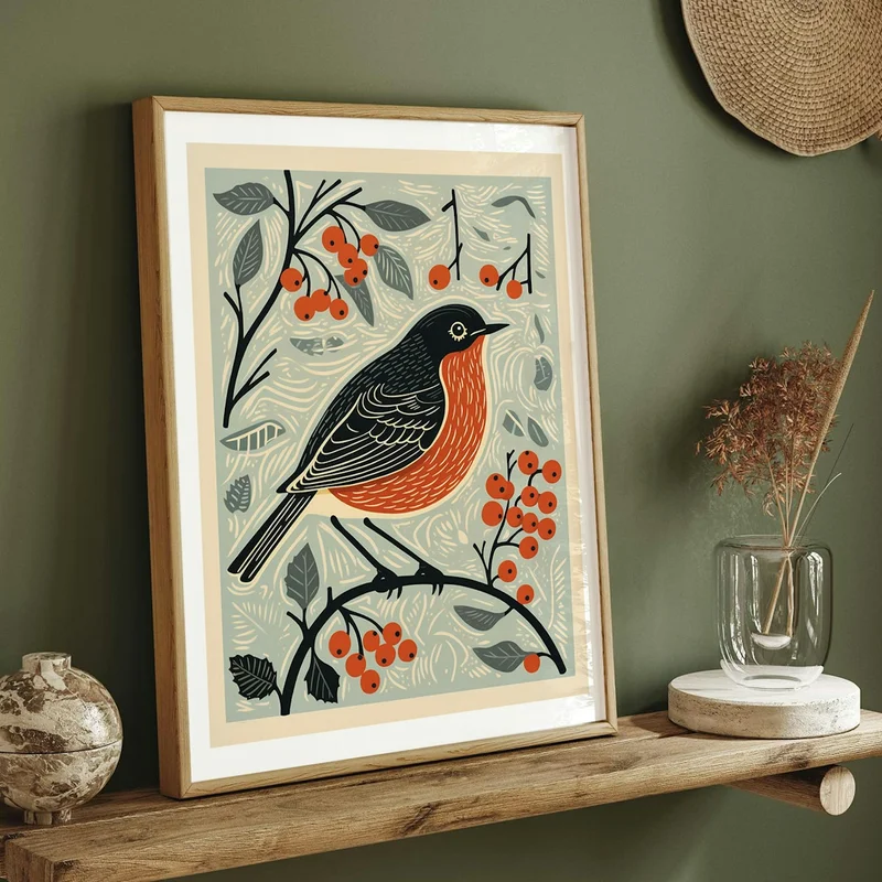Image of Vintage Bird Linocut European Robin 3 Art Print